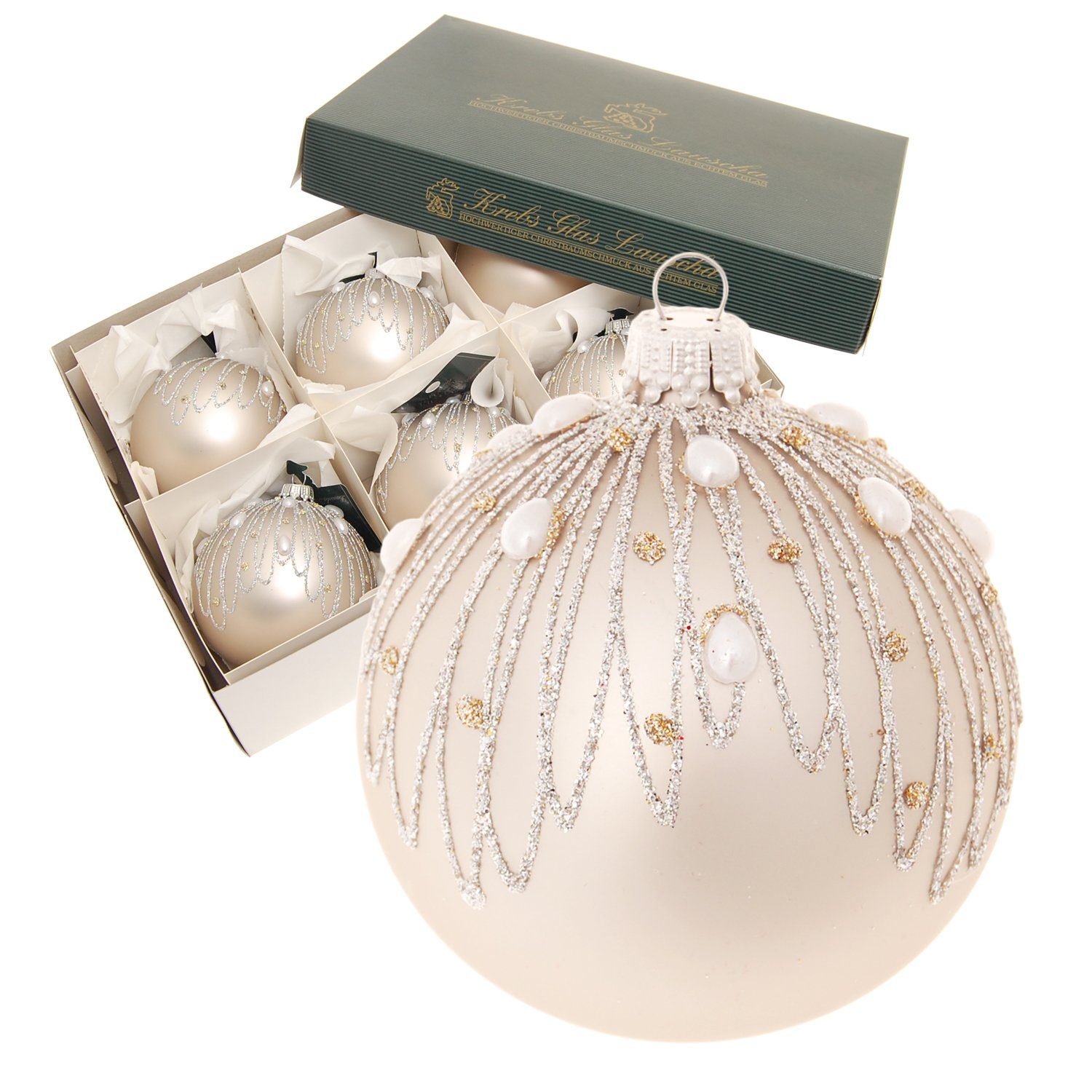 Krebs Glas Lauscha Christbaumschmuck Silbergrau matt 8cm Glaskugel mundgeblasen und handdekoriert mit Linie (6-tlg)