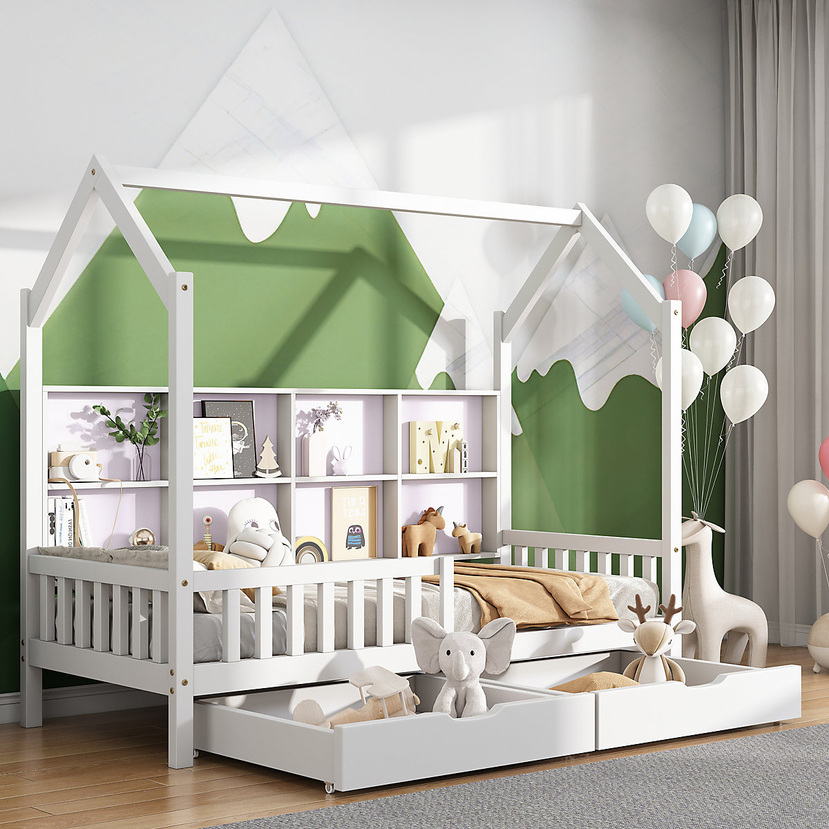 Hausbett 90x200 cm mit Ablageregal und Schubladen, Kinderbett mit Rausfallschutz