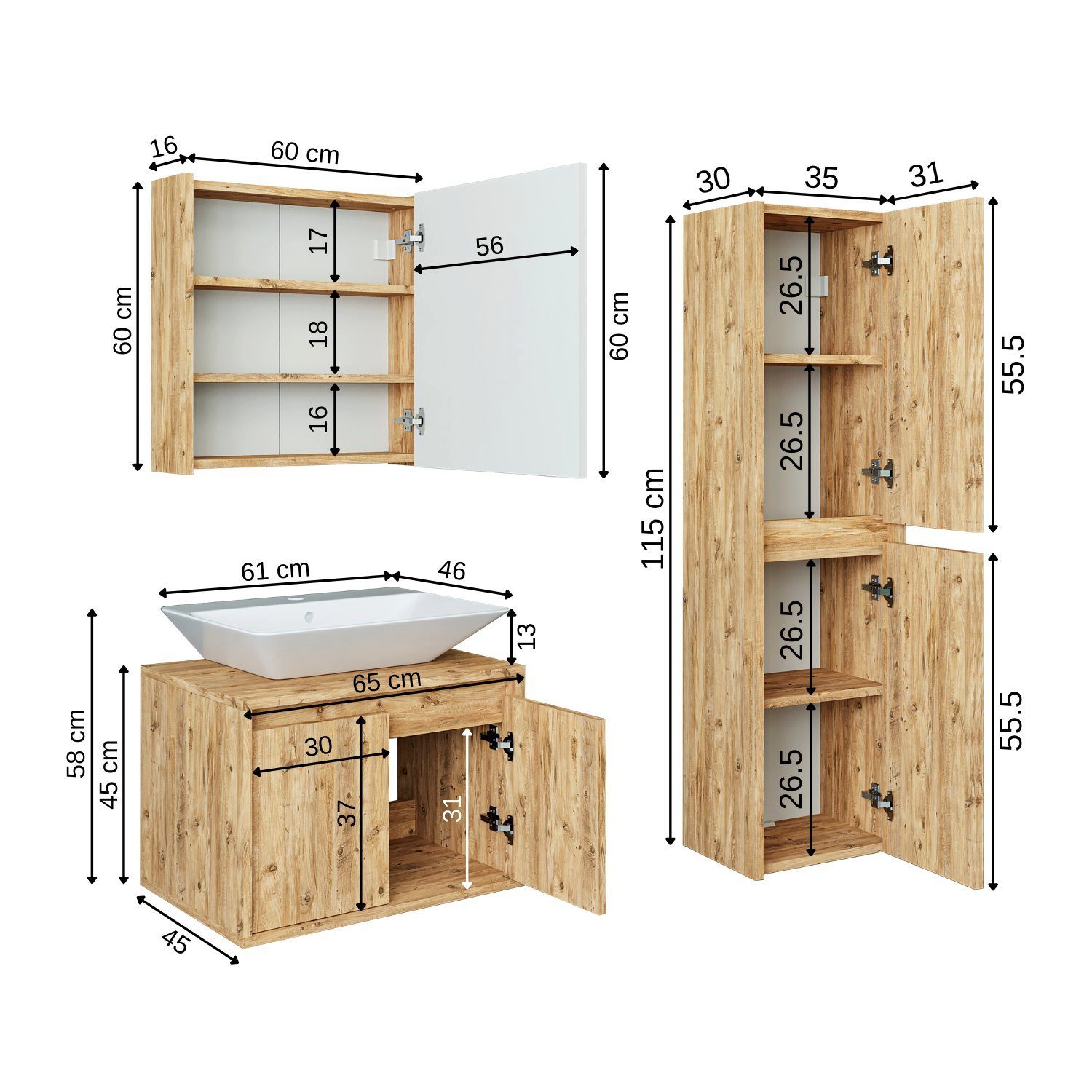 Roomart Badmöbel-Set, (Badmöbel Set 65cm Unterschrank Waschbecken Spiegelscrank Hochschrank)