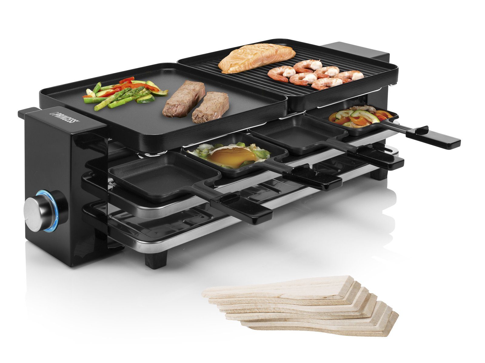 Setpoint Raclette, 8 Raclettepfännchen, 1200 W, Tischgrill-Gerät 2-8 Personen, Parkdeck gegen angebrannte Pfännchen