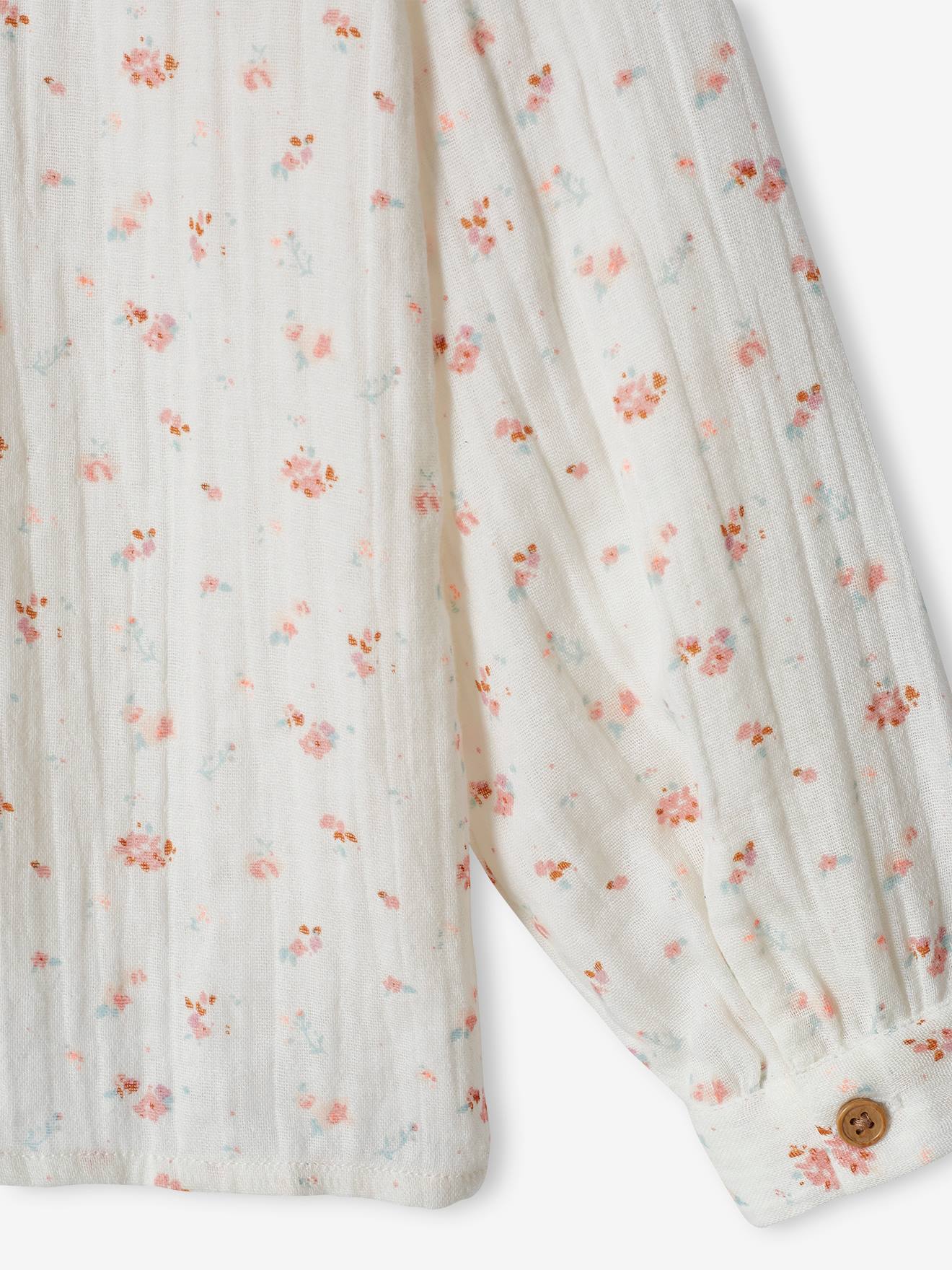 Chemise à volants en gaze de coton fille imprimée fleurs tomette