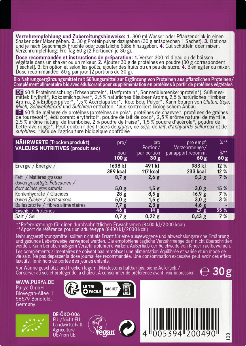 Proteinpulver 46% Very Berry, Blueberry & Raspberry & Strawberry mit Acerola, 30 g