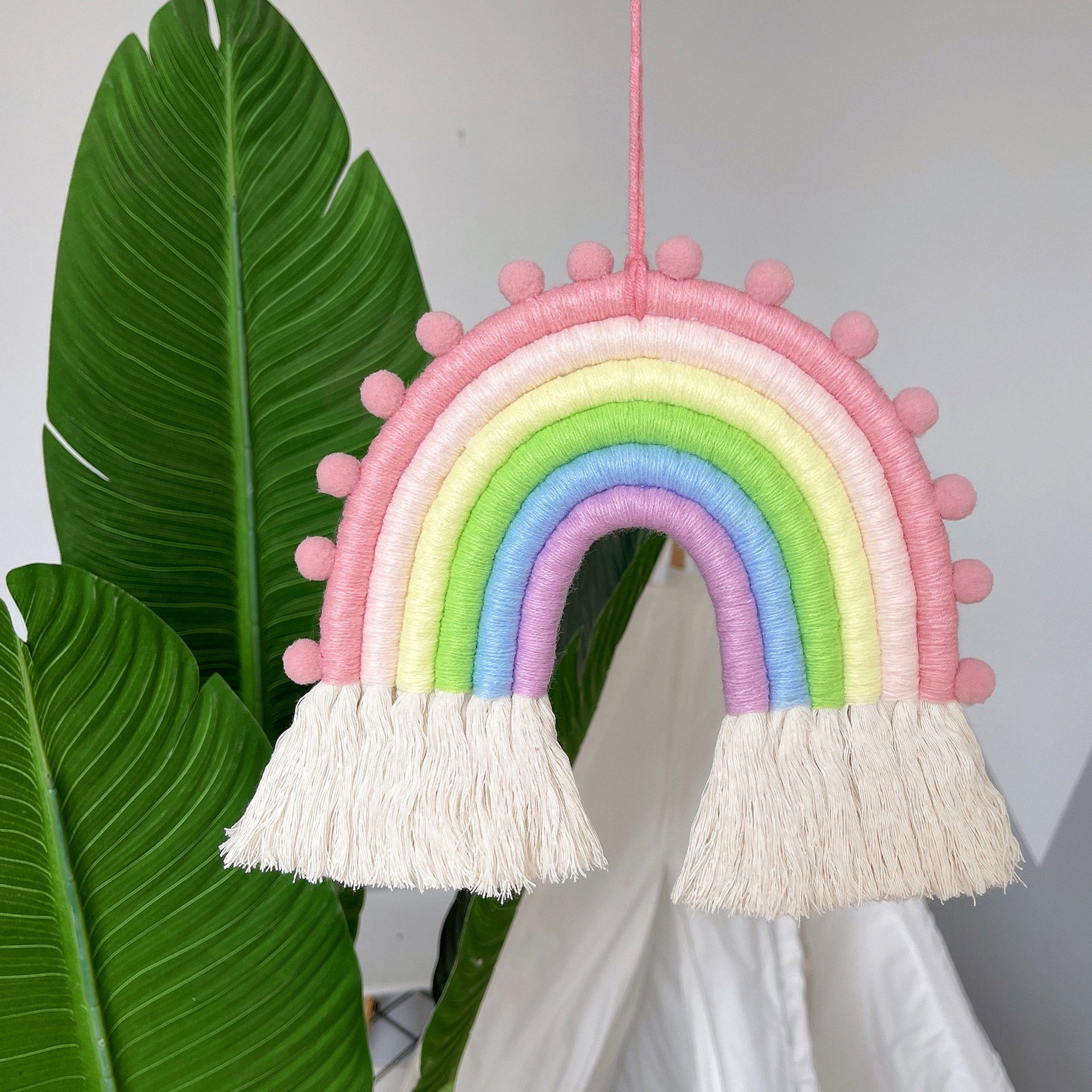 Wandteppich Gewebter Regenbogen Wandbehang Deko, 22cm Rosa Tuch Boho Wanddeko, Runxizhou