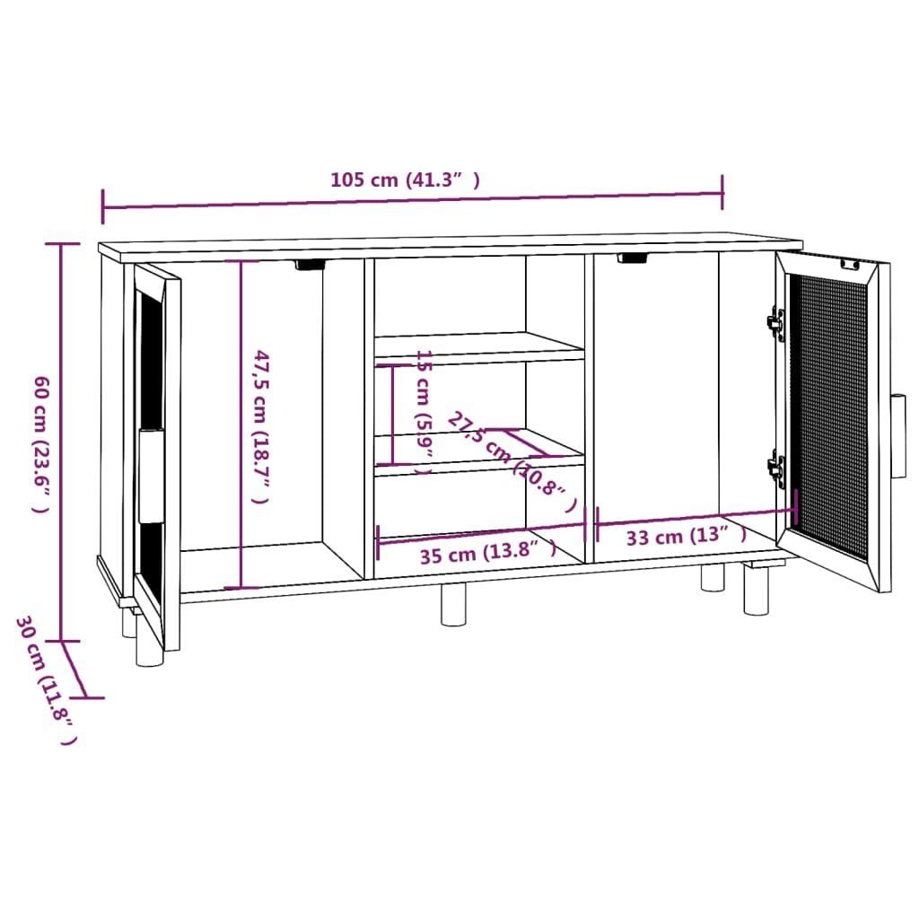 vidaXL Sideboard Sideboard Braun 105x30x60 cm Massivholz Kiefer und Natur-Rattan (1 St)