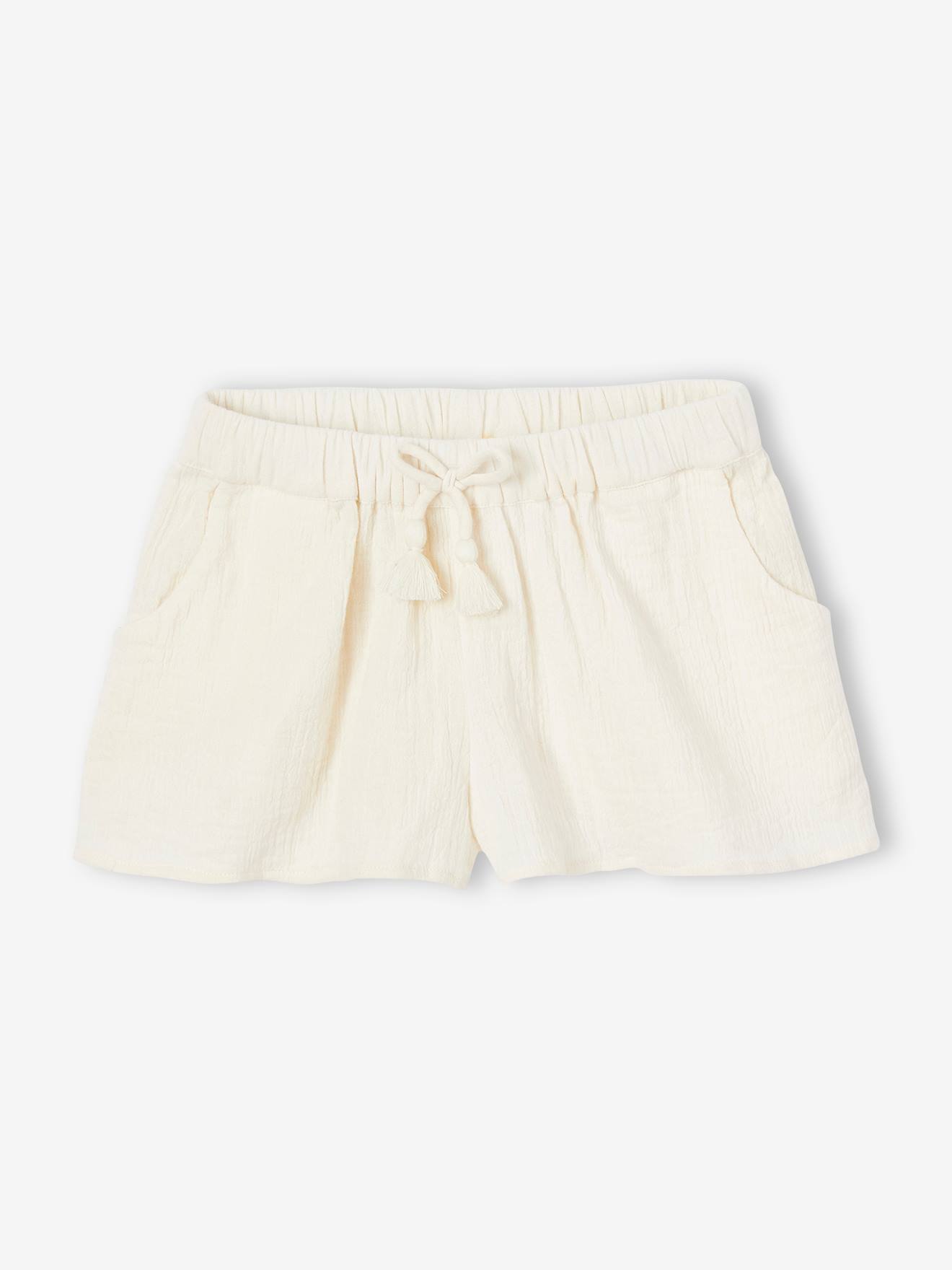 Ensemble en gaze de coton débardeur volanté et short fille écru