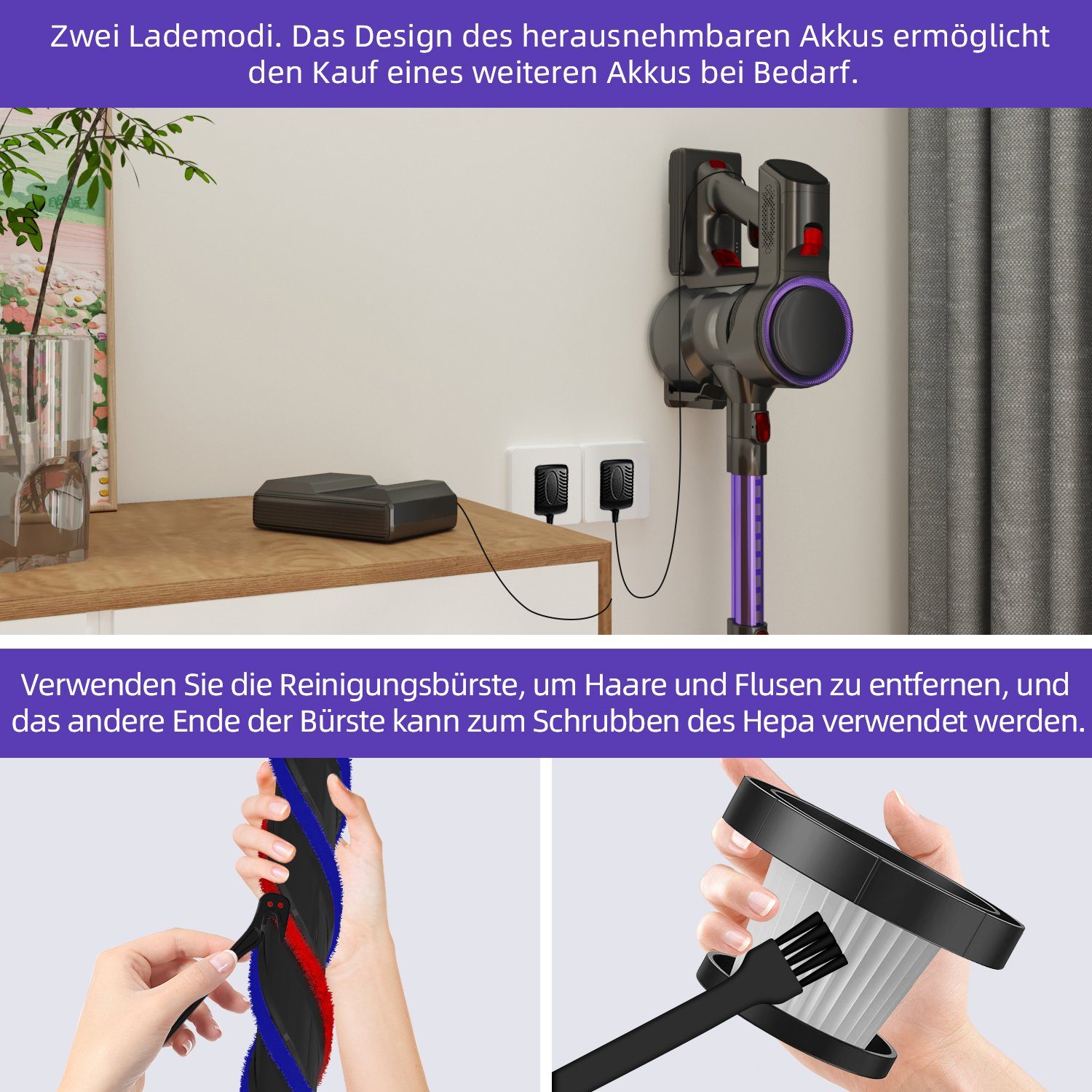 Daynee Akku-Hand-und Stielstaubsauger Akku Staubsauger,Handstaubsauger Akku,Kabellos,Akkusauger, beutellos, Beutellos,Auto Staubsauger, Handsauger,27000Pa bis zu 50 Min Laufzeit