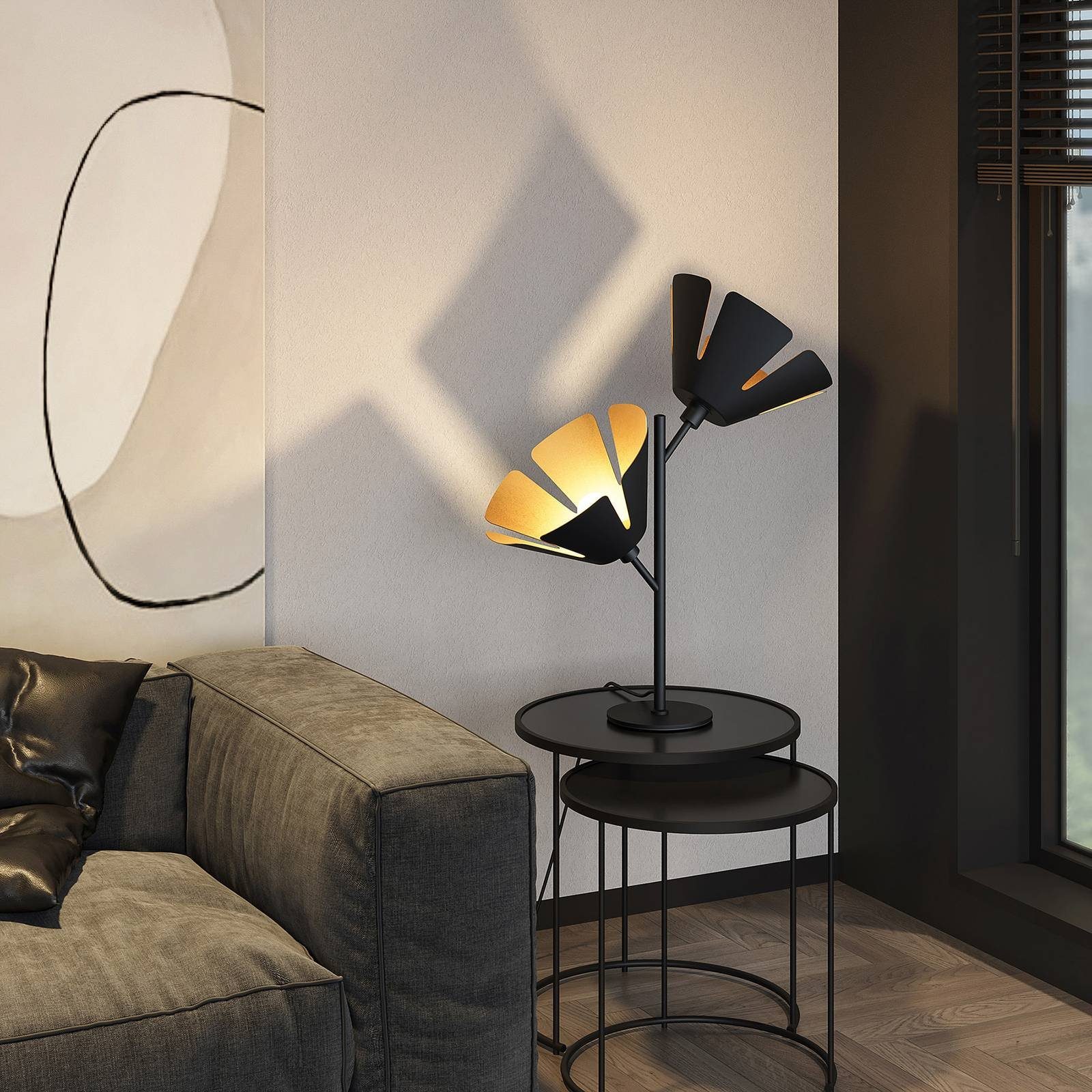 Lucande Tischleuchte Jemmily, Leuchtmittel nicht inklusive, Design, Stahl, Aluminium, Schwarz, gold, 2 flammig, E14, Designer