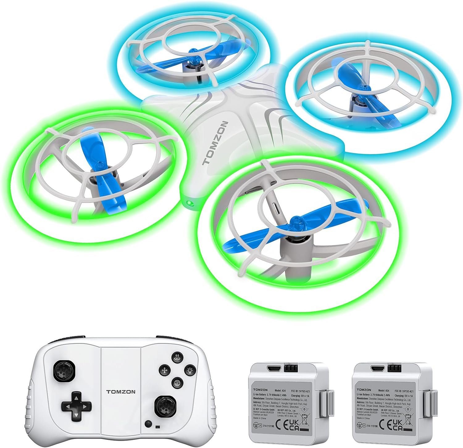 Tomzon Mini Drohne für Kinder, Blauen und Grünen LED Lichter Drohne (Fliege mit Leichtigkeit: 2 Akkus, 3D-Flip, Kopflos-Modus, für Anfänger)
