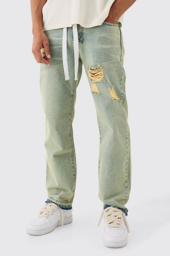 Lockere zerrissene Jeans mit Kordelzug in grüner Waschung