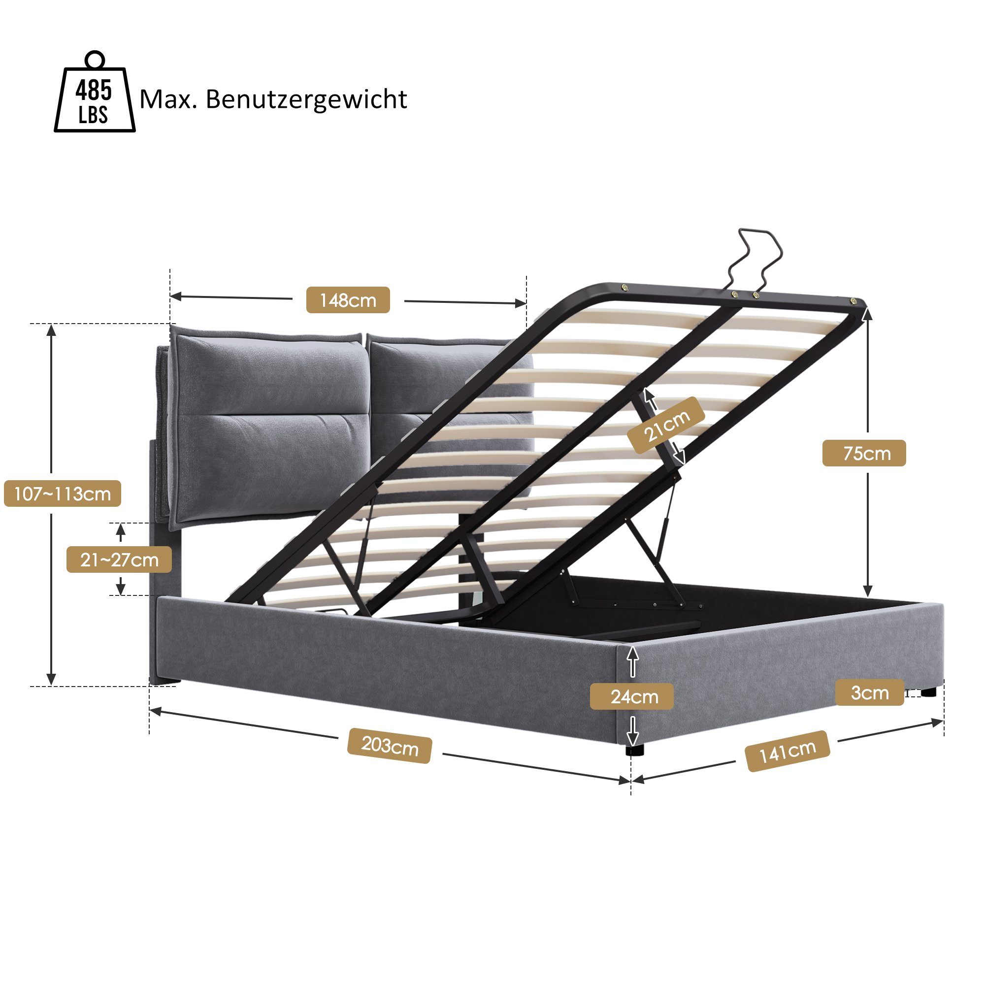 Flieks Polsterbett, Hydraulisches Doppelbett mit Stauraum Samt 140x200cm