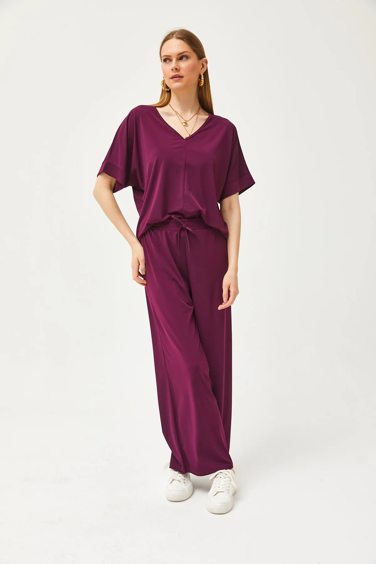 Olalook  Damen Pflaume Top Bluse Unterteil Palazzo Locker Strick Set TKM-19000267