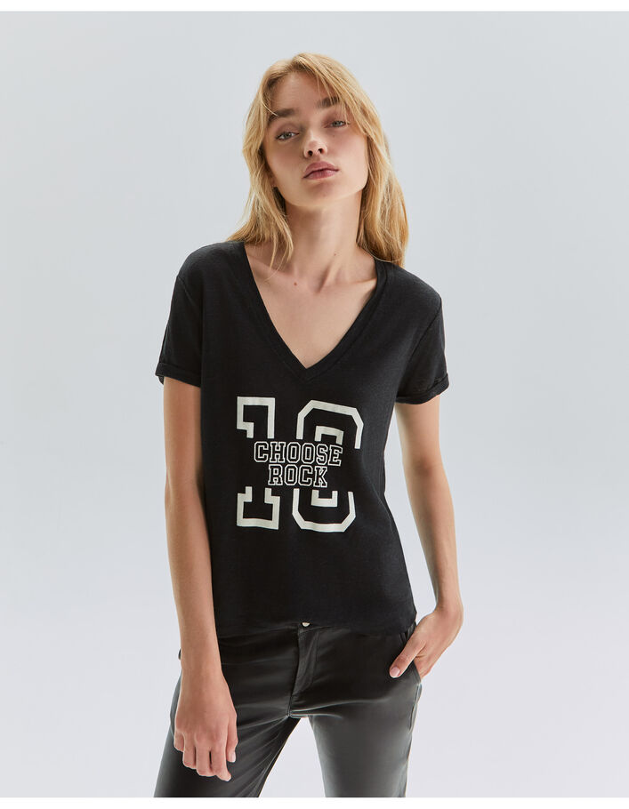 Tee-shirt noir en maille de lin à message Femme