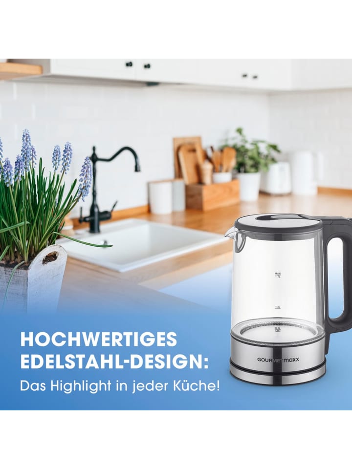Gourmetmaxx GOURMETmaxx Glas-Wasserkocher LED 1,7l 2200W Edelstahl/schwarz kabellos günstig kaufen onesize