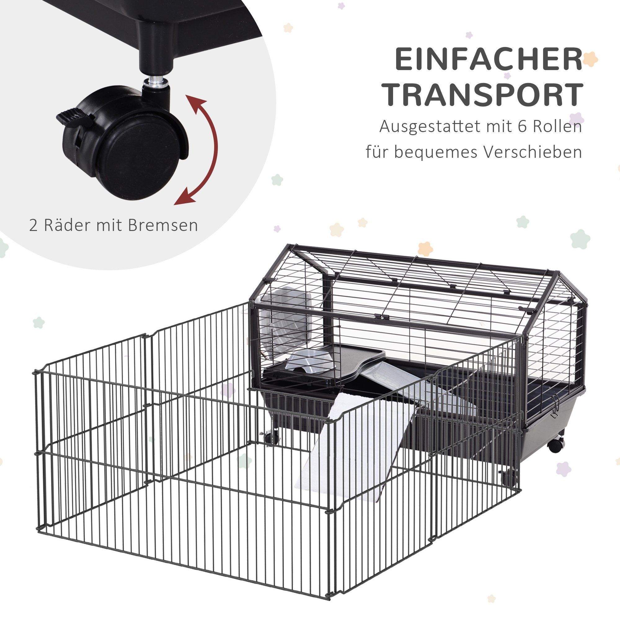 PawHut Kleintierkäfig mit Freigehege inkl. Zubehör 4 Rollen Kleintier mit Garten Metall, 88L x 128.5B x 56H cm