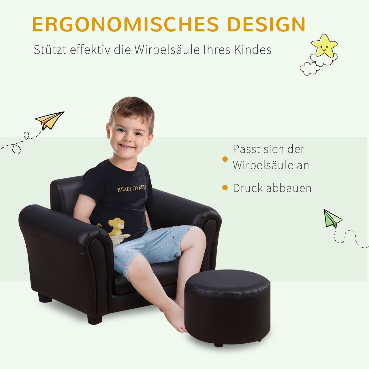 HOMCOM Kindersessel mit Fußhocker Kindercouch Kindersofa Minisofa Schwarz