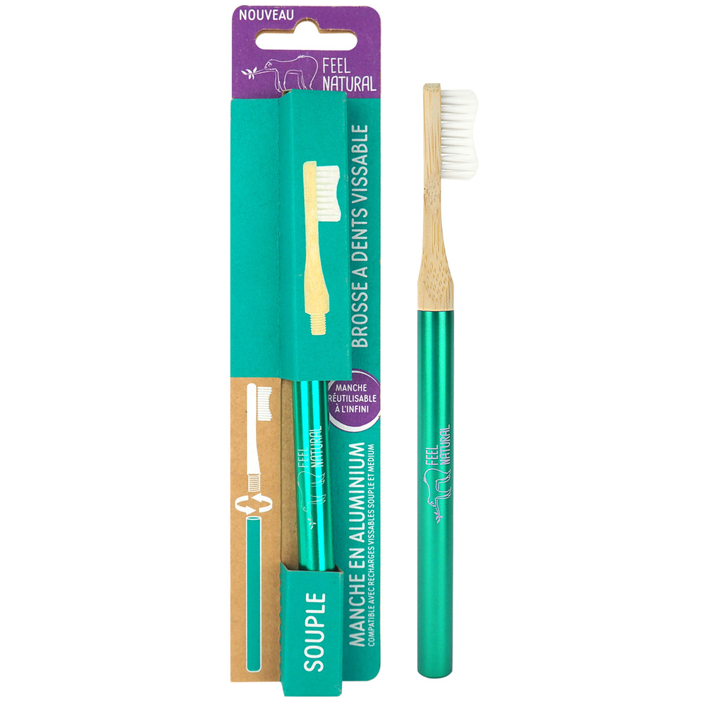 feel natural Brosse à dents vissable aluminium vert -  souple - Feel Natural BROSSE A DENTS