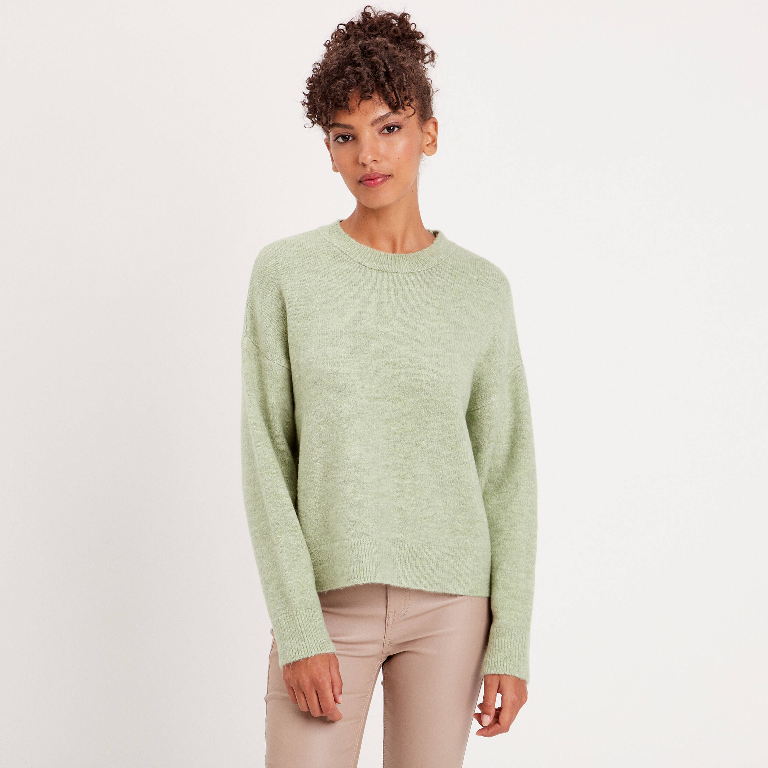 Pull manches longues col rond vert pastel femme | Cache Cache