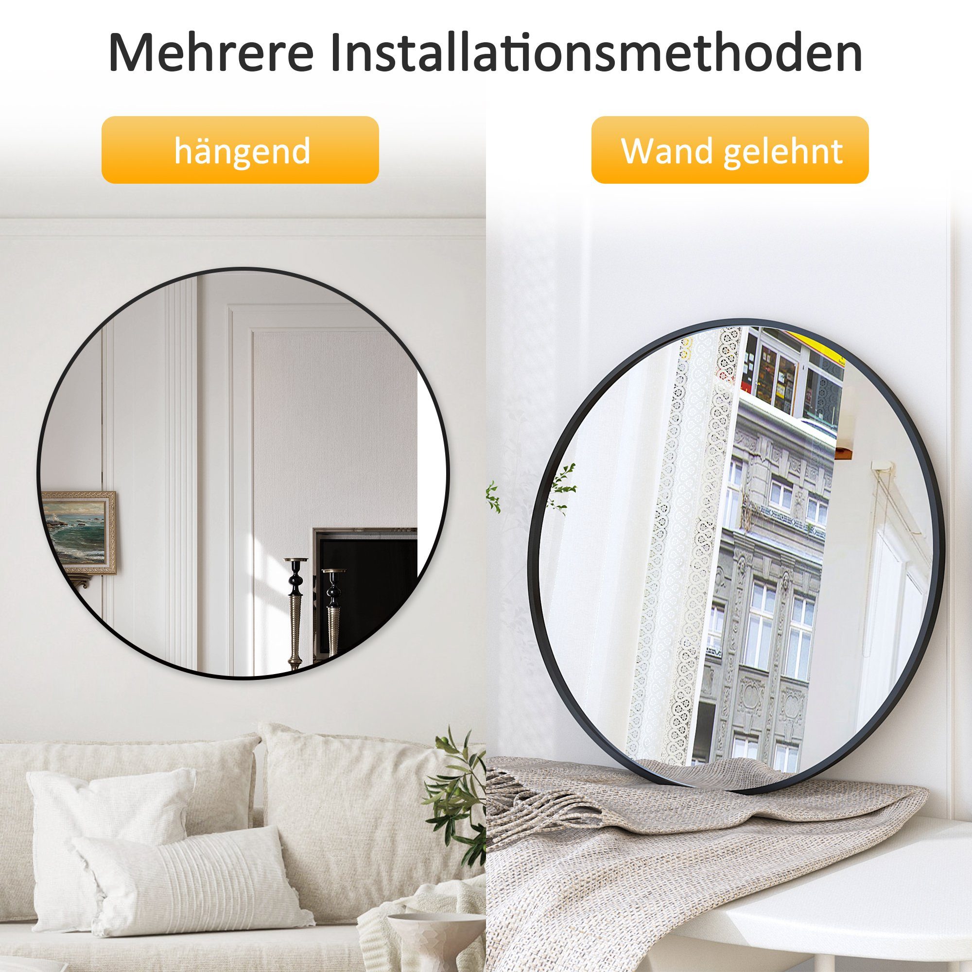 Boromal Rahmenspiegel-rund Wandspiegel Rund 80 cm druchmesser Groß Schwarz Metall Flurspiegel, für Badezimmer Waschtisch Wohnzimmer Schlafzimmer Esszimmer Eingänge