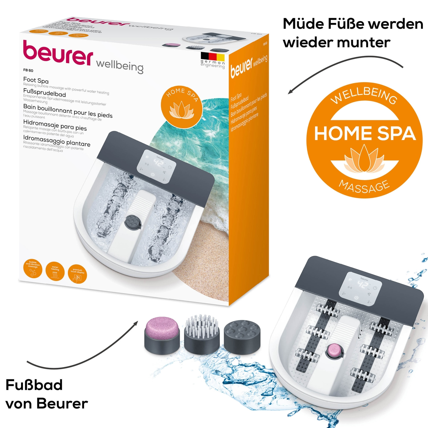 Beurer Fußsprudelbad FB 60-Fußsprudelbad mit Wasserheizung, Sprudelmassage, Vibrationsmassage und 3 Temperaturzonen