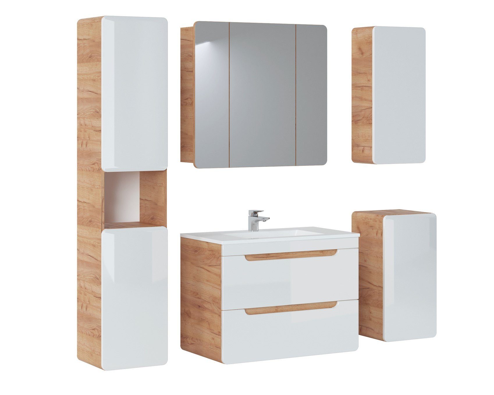 Fun Möbel Badmöbel-Set Badmöbel Set 5-tlg Badezimmerset FERMO Weiss HGL inkl. Waschtisch 80cm, (Set, 5-St., Bestehend aus: Waschbeckenunterschrank inkl. Keramikbecken, Spiegelschrank, 3 x Hängeschrank), Schubladen und Türen mit Soft-Close-System