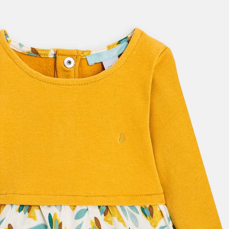 Robe bi-matière imprimée oiseaux jaune bébé fille