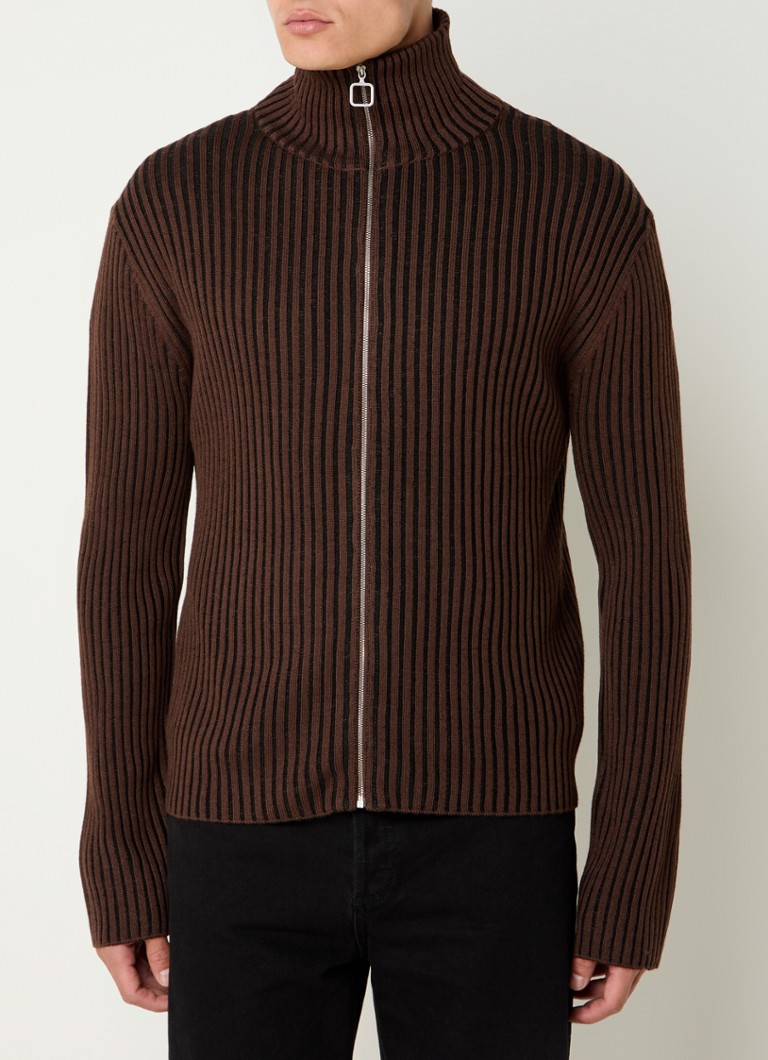 Cardigan Sandro din tricot cu nervuri și amestec de lână, cu guler înalt.