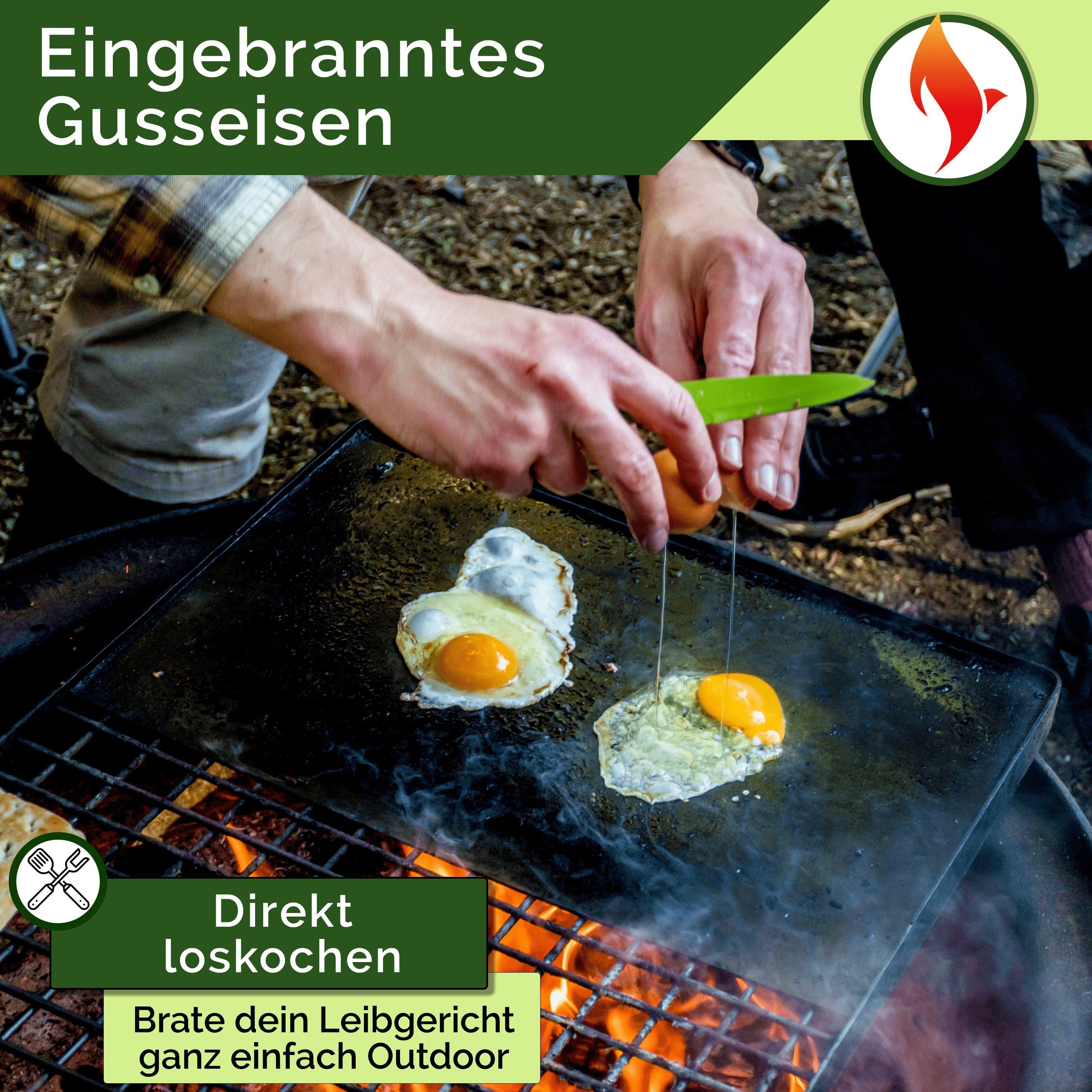 Funkenflug Grillplatte Grillplatte Gusseisen [45,5x23 cm] für sensationelle Grill Ergebnisse (ohne Anbrennen - Gussplatte für Gasgrill, Holzkohlegrill, Ofen & Herd -, 1-St., Grillplatte Gasgrill mit Fettauffangfläche), 2 in 1 Gussplatte