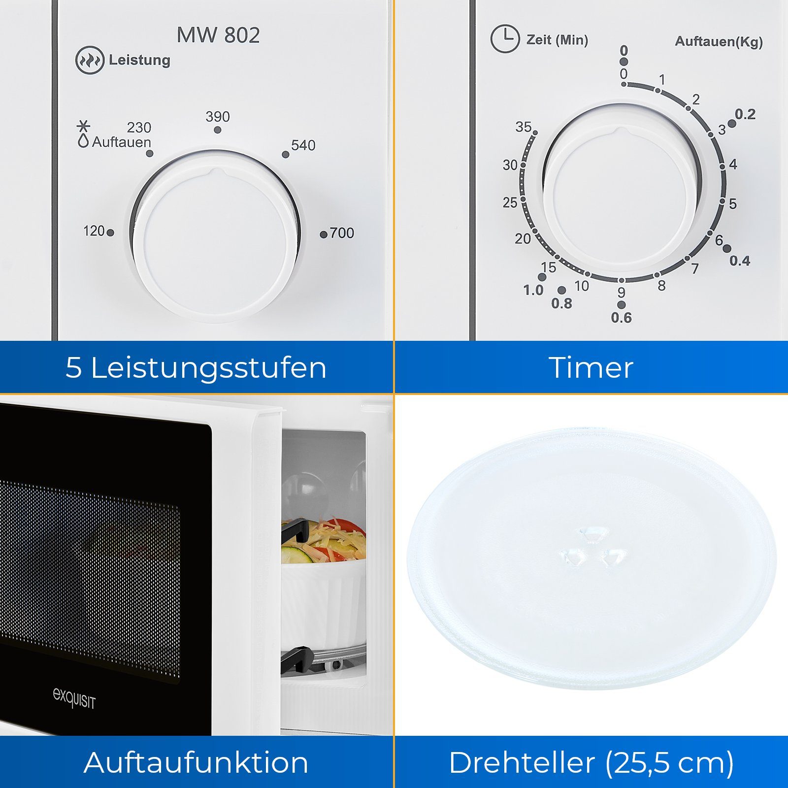 exquisit Mikrowelle MW 802, Mikrowelle, 20,00 l, kompakte Mikrowelle, platzsparend, inkl. Timer, einfach zu bedienen