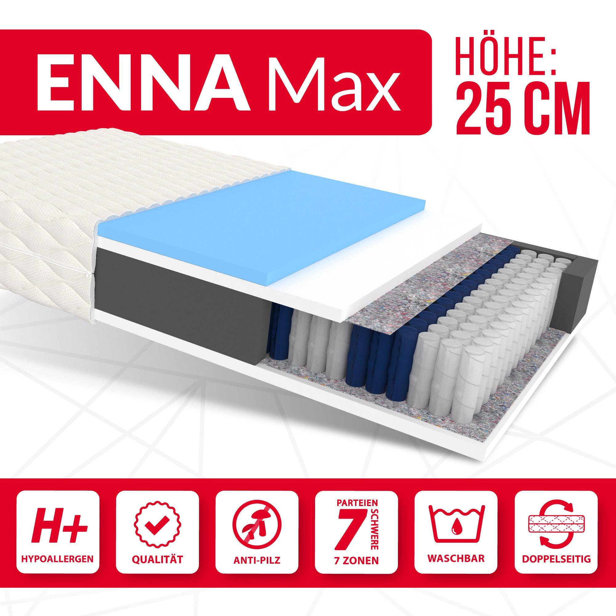 Taschenfederkernmatratze ENNA, FDM, 25 cm hoch, (1), Wendematratze, 7 Zonen, H2/H3, Höhe 19 cm, H2