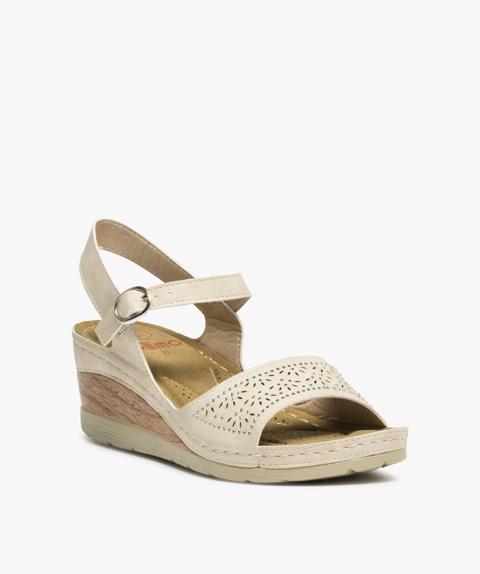 Sandales femme confort à talon dessus ajouré et strass beige | GEMO