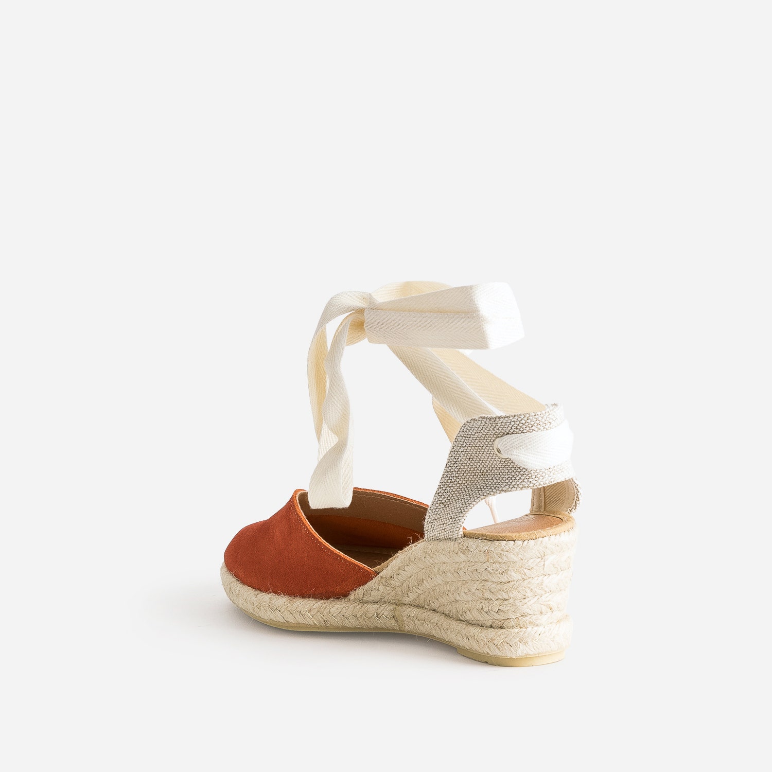 Espadrille compensée orange en cuir velours