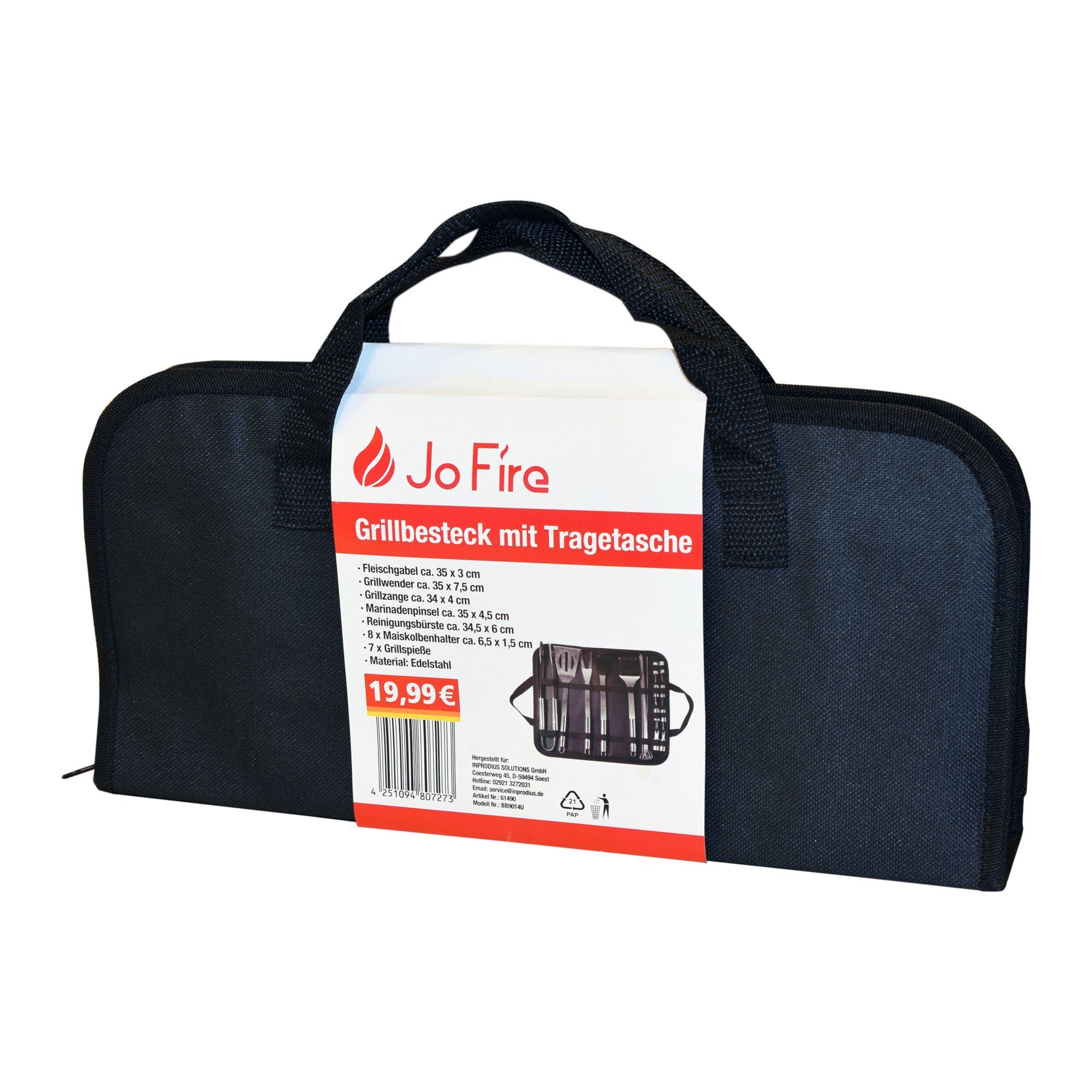 Jo Fire Grillbesteck-Set Jo Fire Grillbesteck mit Tragetasche Edelstahl Grillzubehör Grillzange, (20 Tlg)