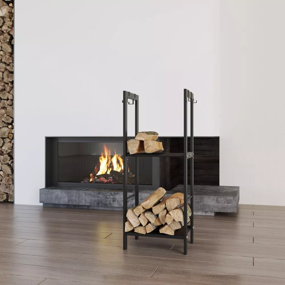 Never Outdoor modernes Kaminholzregal mit 2 Ablagen & 4 Haken für Kaminbesteck schwarz