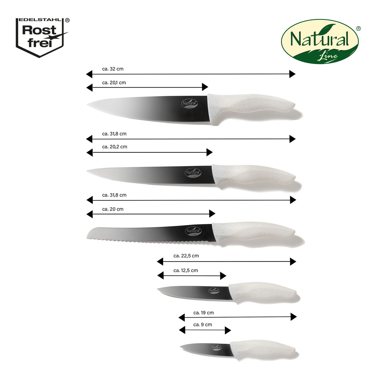STONELINE® Natural Line® Edelstahl-Messer-Set, 5-tlg., mit klappbarem Magnet-Messerblock, mit Griffen mit Stroh
