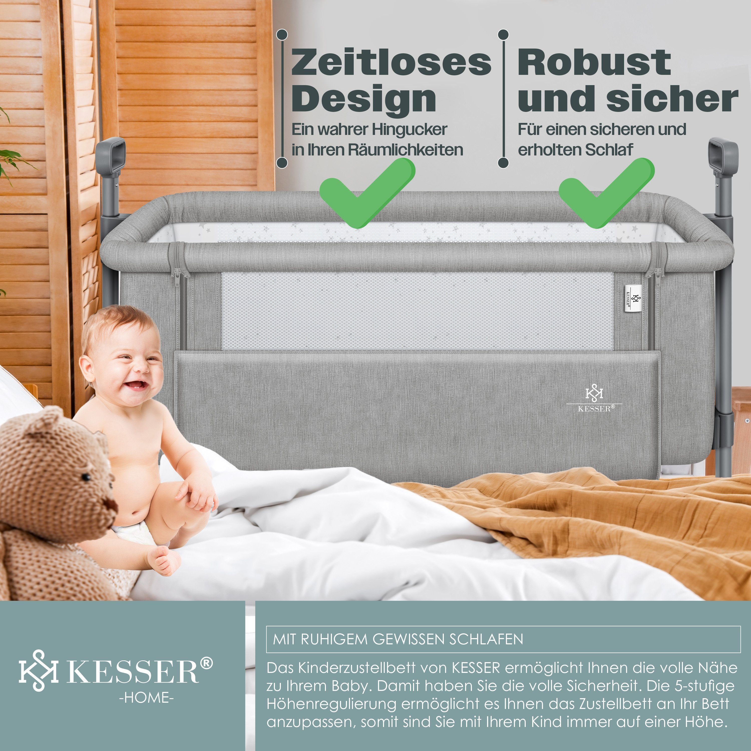 KESSER Kinderbett, Zustellbett Hubi 3in1 Baby Beistellbett Reisebett Babybett