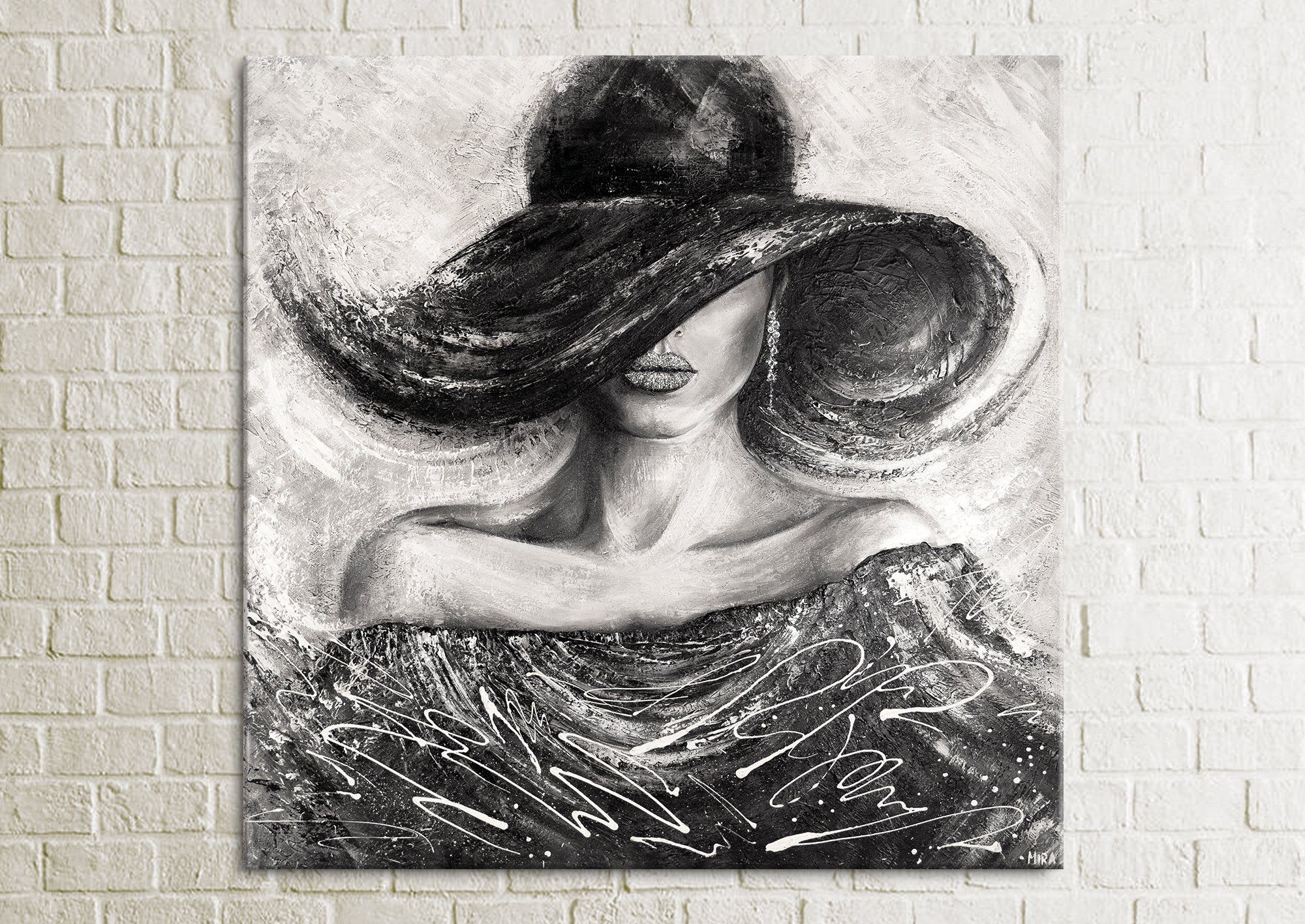 YS-Art Gemälde Charme, Menschen, Leinwand Bild Handgemalt Quadratisch Frau mit Hut schwarz