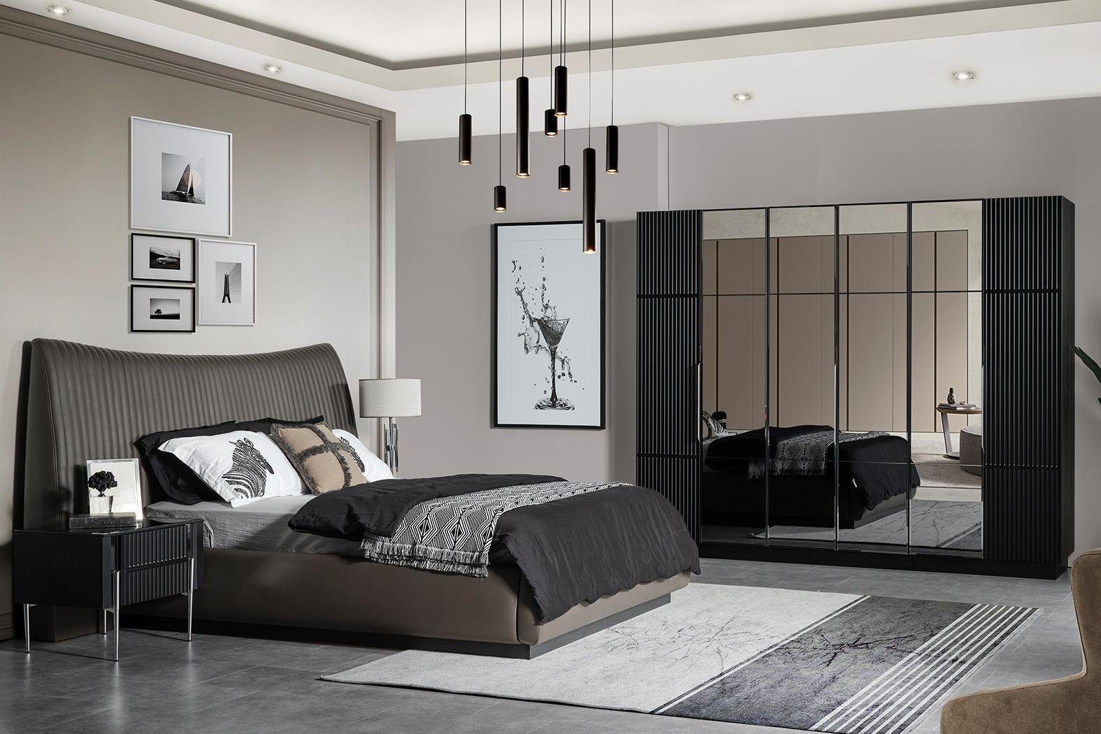 JVmoebel Schlafzimmer-Set Modernes Schlafzimmer Set Designer Doppelbett 2x Nachttische, (4-St., Bett, 2x Nachttische, Kleiderschrank), Made in Europa
