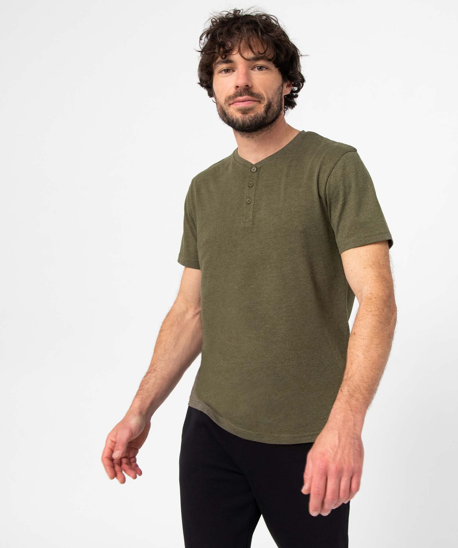 Tee-shirt homme col tunisien à manches courtes kaki | GEMO