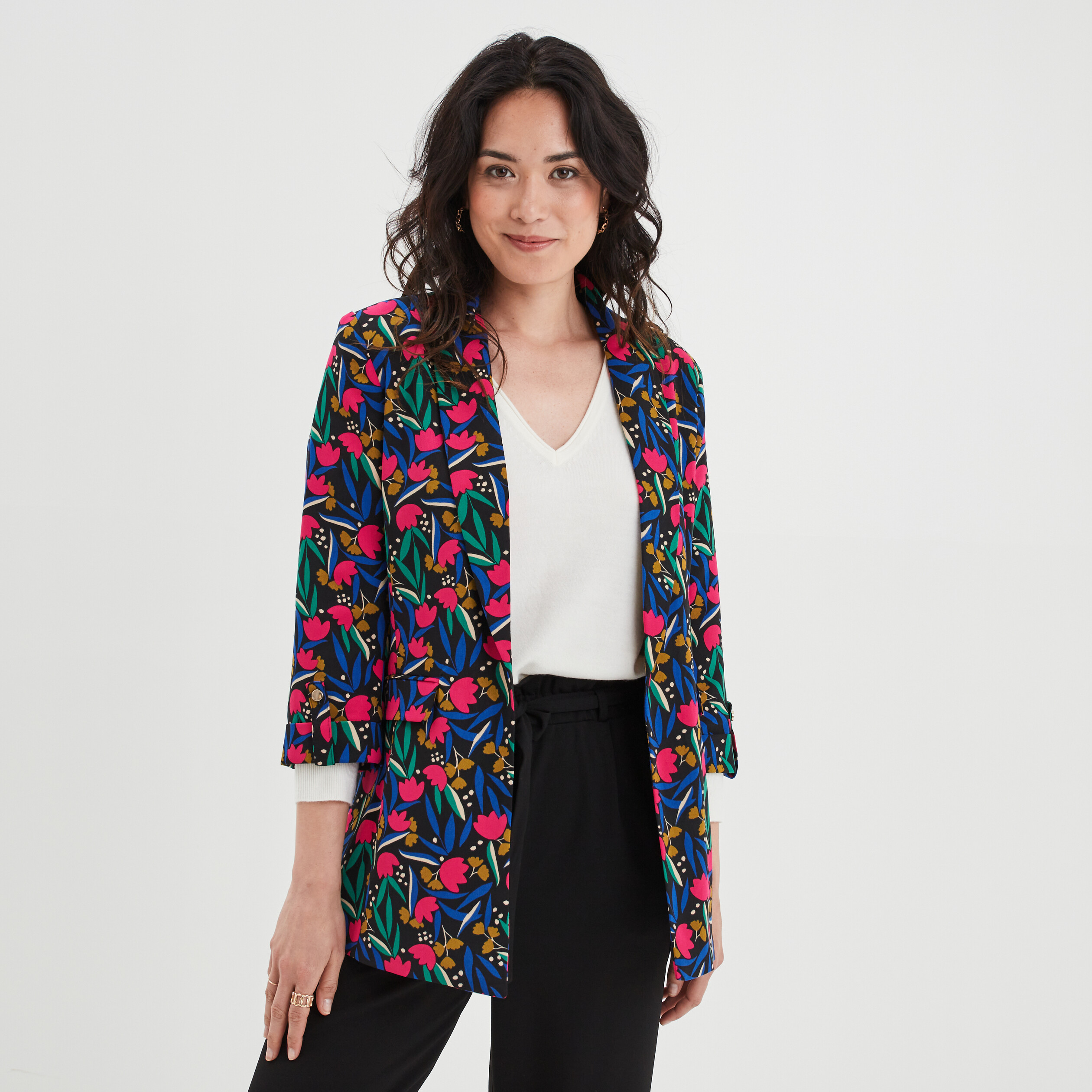 Veste blazer droite manches 3 4 noir femme | La Halle