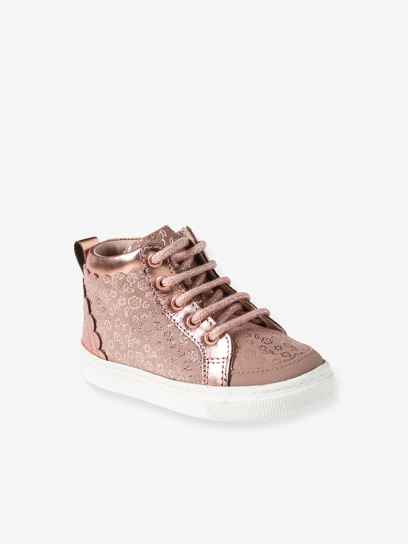 Baskets montantes en cuir lacées et zippées bébé rose imprimé