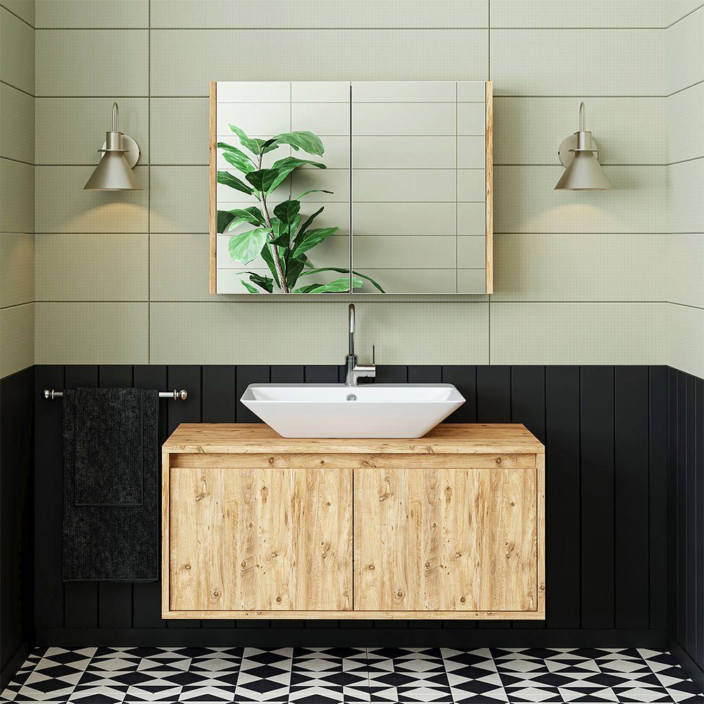 Roomart Badmöbel-Set, (Badmöbel Set 3-teilig 100cm Unterschrank mit Waschbecken Spiegelscrank)
