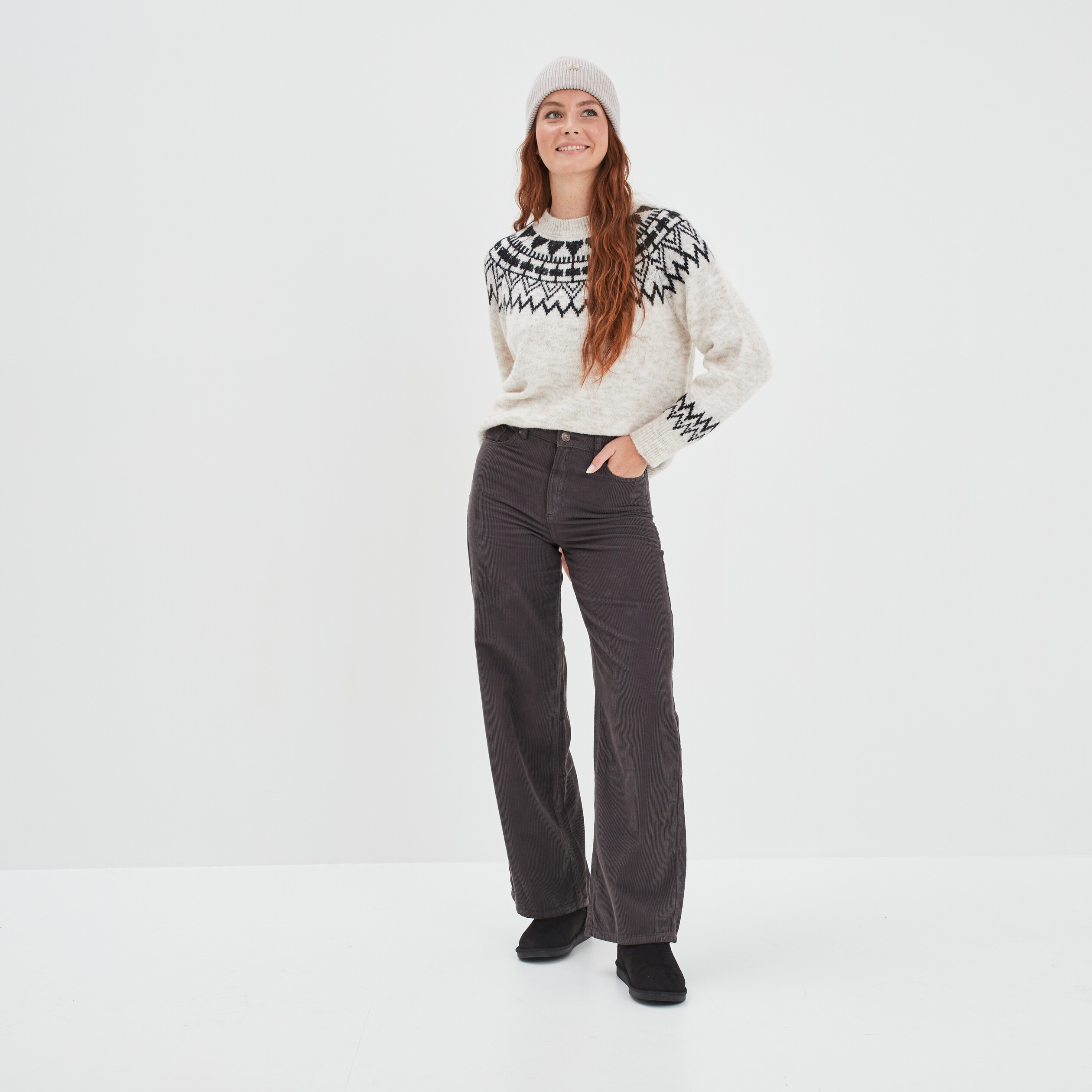 Pull col rond manches longues Creeks beige femme | La Halle