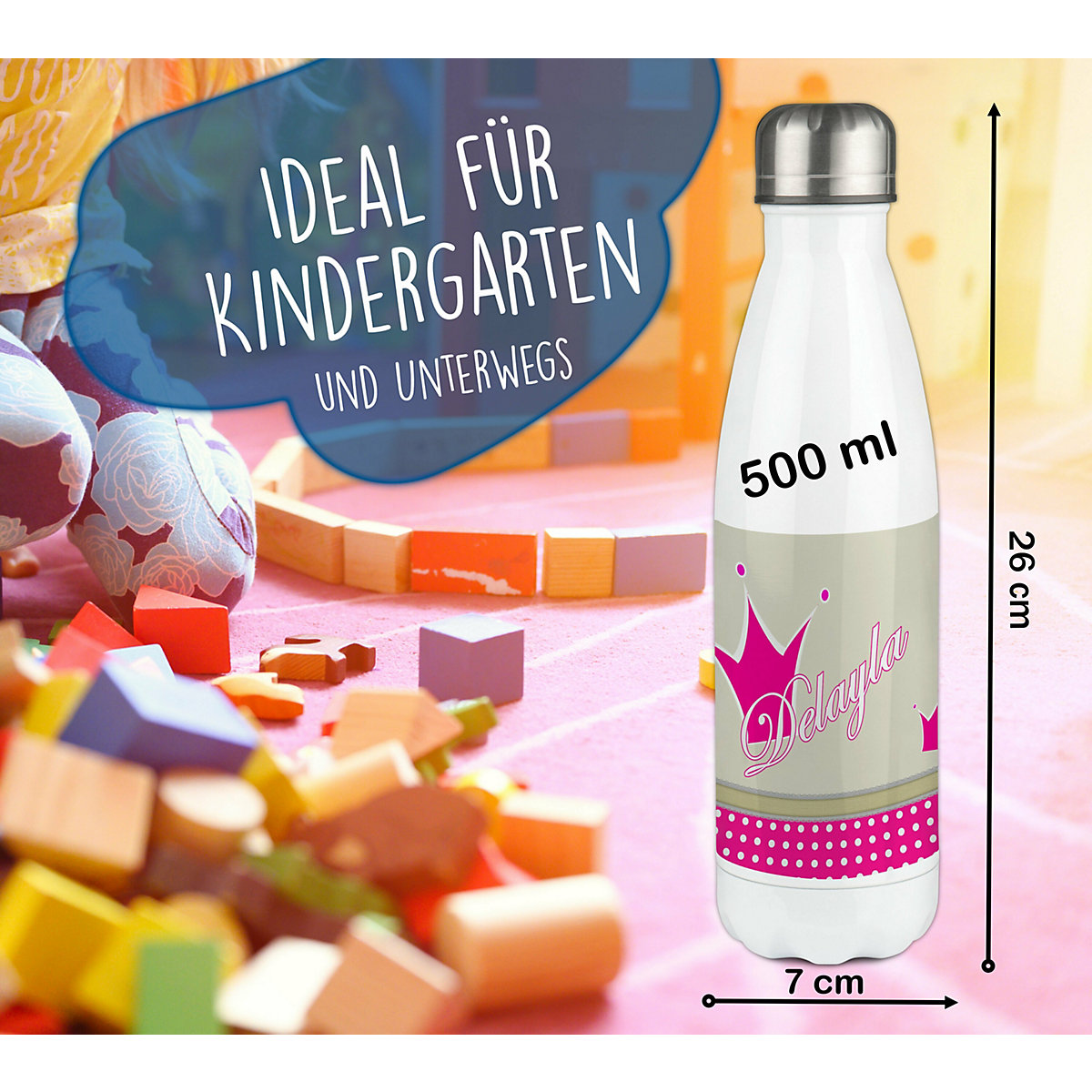 Edelstahl Kinder Thermoflasche / Trinkflasche bunt Krone Farbe beige pink Spülmaschinenfest, Auslaufsicher, Bruchfest, Doppelwandig, Für Heißgetränke geeignet, Mit Deckel, Isoliert