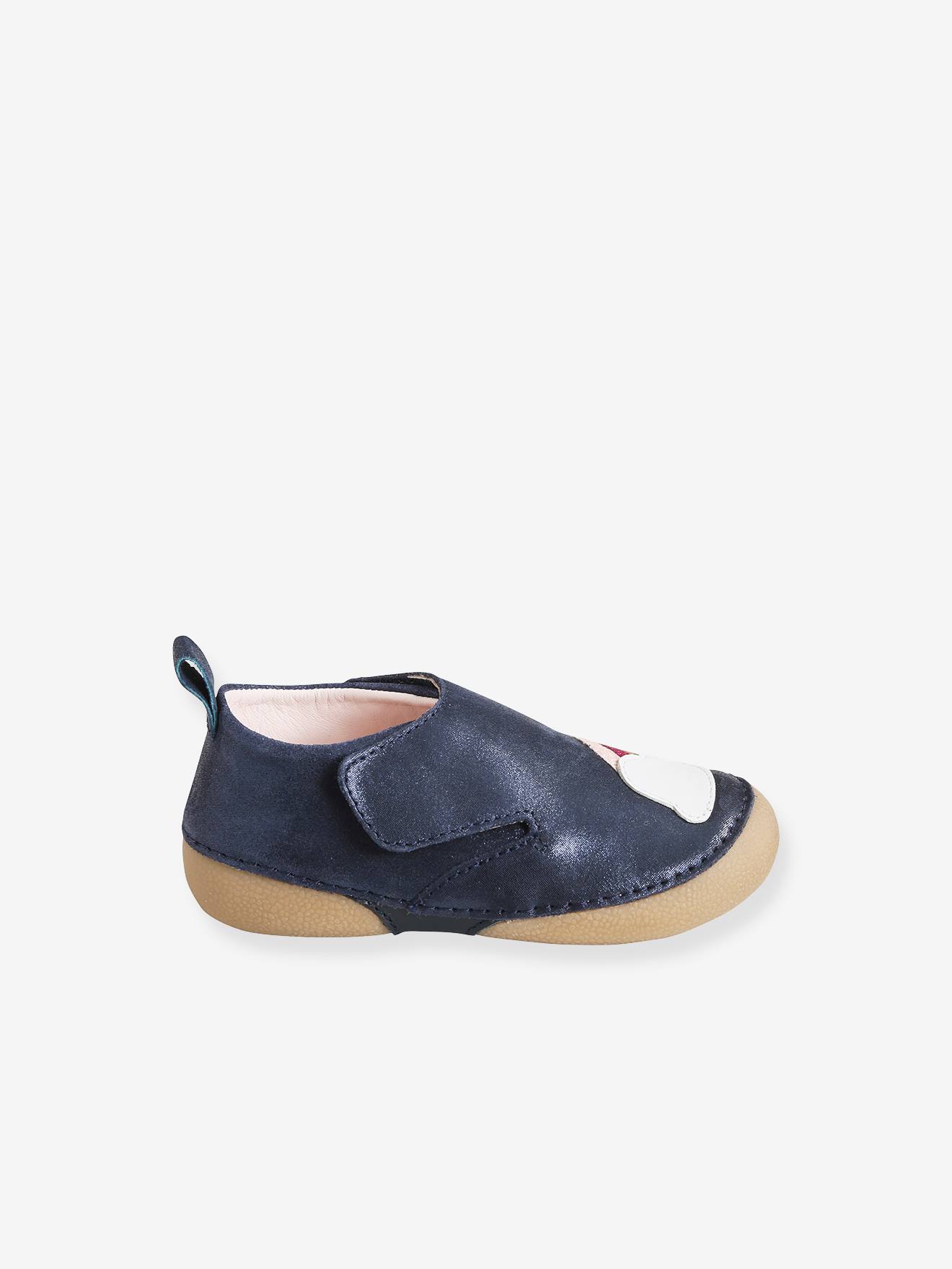Chaussons bébé fille en cuir souple bleu marine