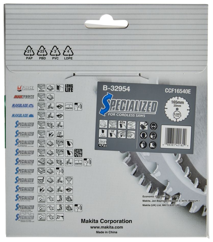 Makita Accessories B-32954 Ξυλοκοπτική Λάμα Specialized 165x20x1.6 40T 18G