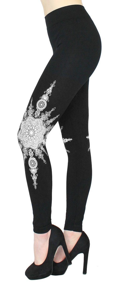 dy_mode Highwaist Leggings Damen Leggings mit Blumen Druck Mandala Muster Leggins Schwarz mit elastischem Bund