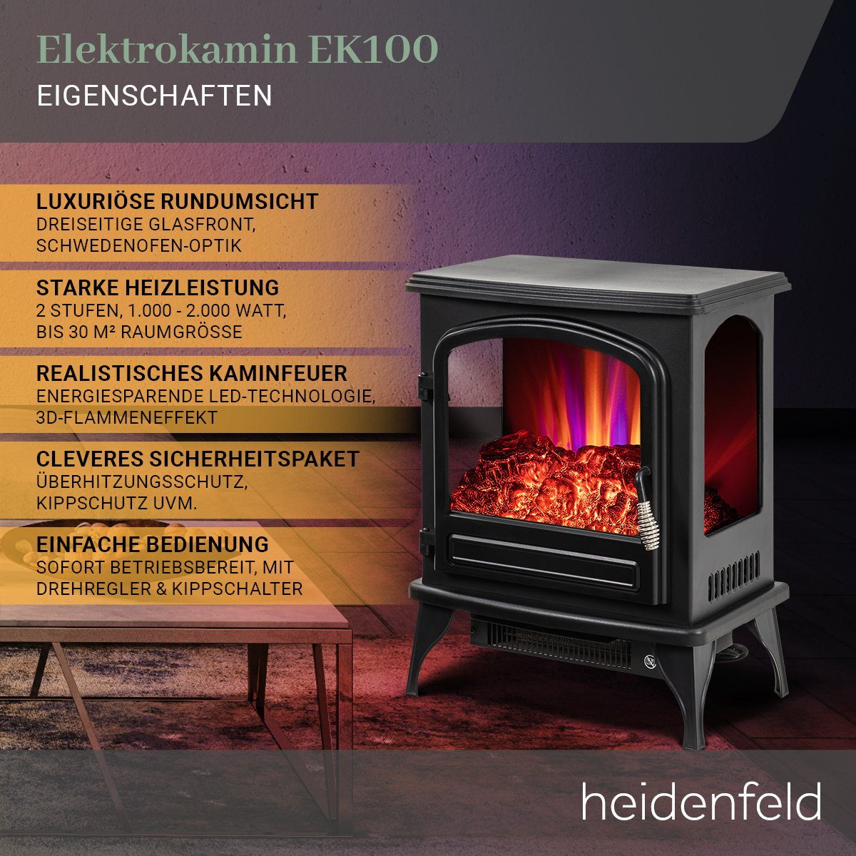 Heidenfeld Elektrokamin Kamin Heizung Standkamin EK100 2000 Watt inkl. 3 Jahre Garantie, 3D Kaminfeuer- Dreiseitige Glasfront - Kaminofen - Elektroheizung