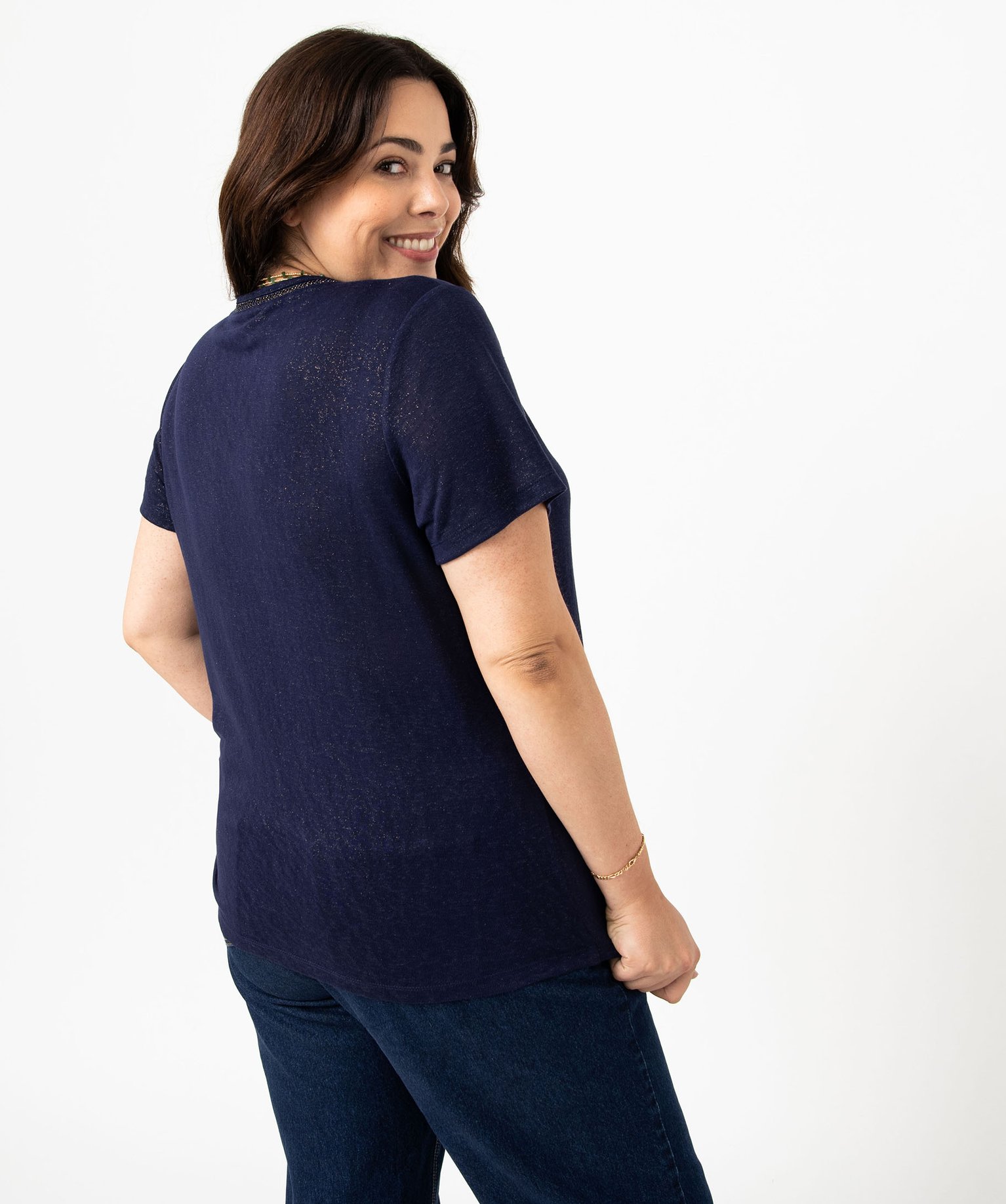 Tee-shirt manches courtes droit et fluide à col V et paille... bleu | GEMO