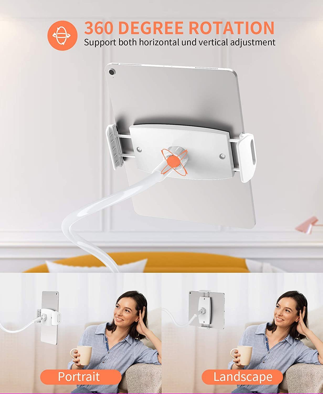 vokarala VOKARALA Schwanenhals Tablet Halterung, Tablet Halter - Verstellbare Arm Tablet Ständer für iPad Air, Neu iPad Pro, Mini, iPhone, E-Reader und weitere 4 bis 11 Zoll Geräte Tablet-Halterung