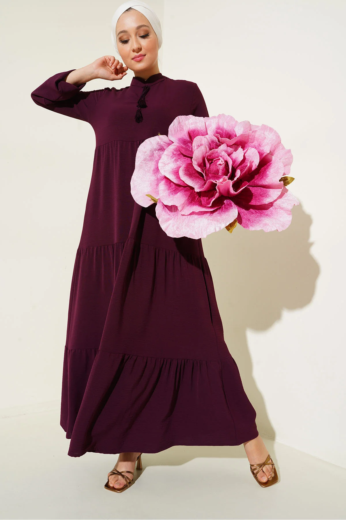 Bigdart  1627 Hijab-Kleid mit Kragen und Schnürung – Hellbordeauxrot
